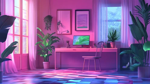Neon sunset home office glows around minimalist desk