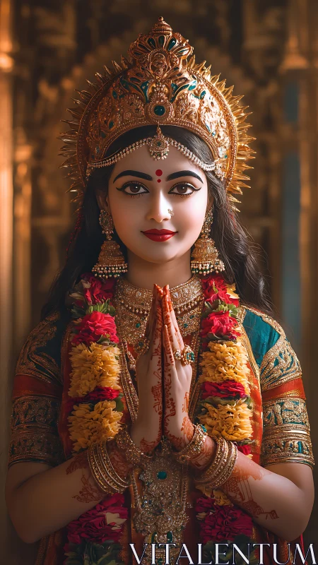 Graceful goddess-inspired portrait in vibrant festive warmth.