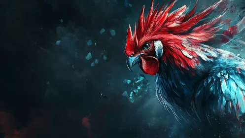 Bold crimson rooster glows against a deep cosmic night sky