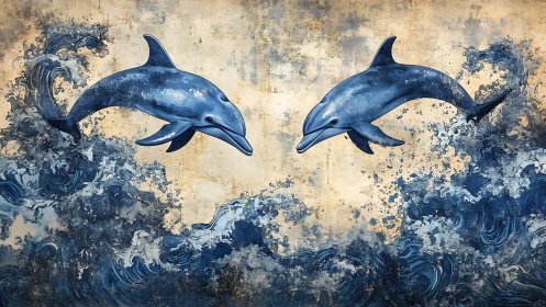 Symmetrical blue dolphins leap through stylized turbulent waves