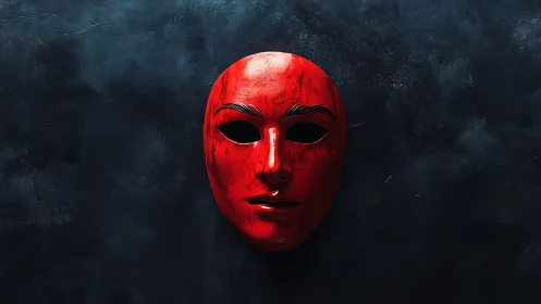 Scarlet theatrical mask on textured midnight background.