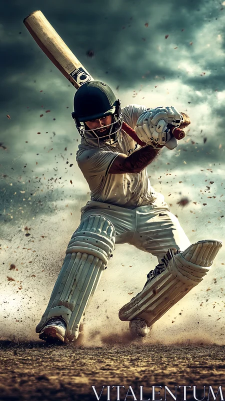 Cricket batter executing front foot stroke on dusty pitch.