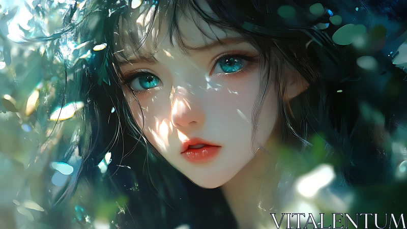 Forest shimmer muse with tide-blue eyes in glowing hush.