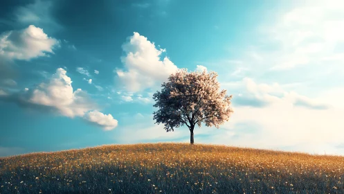 Lone blossoming tree on sunlit hill with dreamy sky landscape.