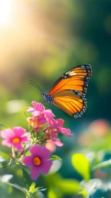 Sunlit monarch pauses on candy-bright garden blooms.