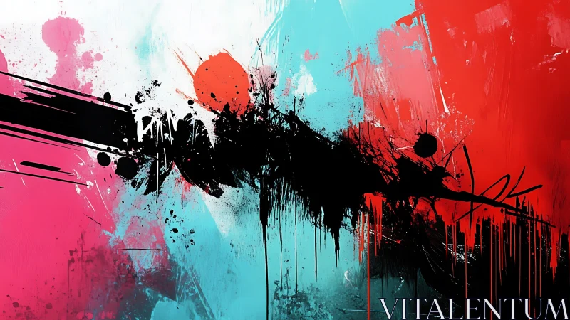 Bold abstract splatter art with cyan, red and pink fields.
