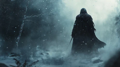 Hooded swordsman traversing blizzard-obscured conifer forest.