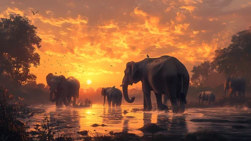Golden sunset welcomes a gentle elephant family at the river
