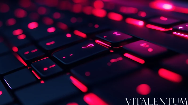 Neon backlit keyboard macro in shallow depth cyberpunk style.