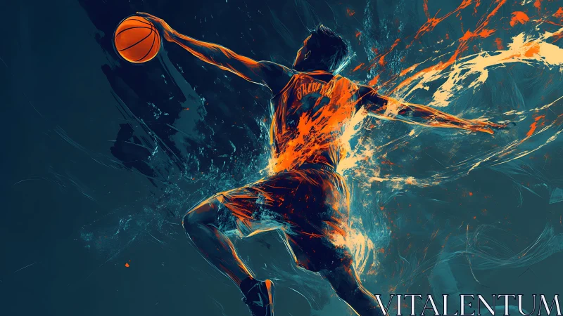 Dynamic basketball dunk rendered with explosive abstract color streaks