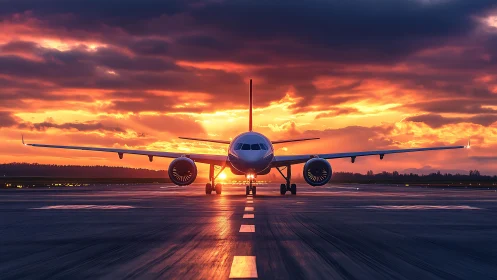 Sunset runway sentinel: jet poised in molten sky glow.