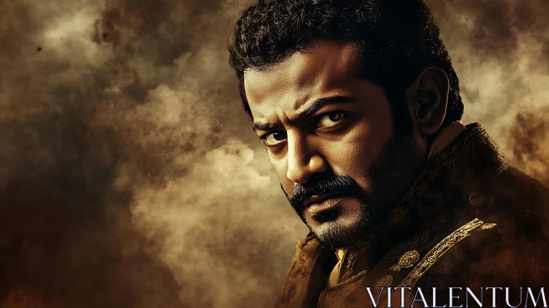 Intense warrior portrait in cinematic sepia storm lighting.