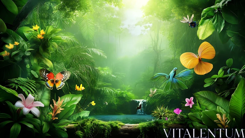 Lush jungle pond glows softly as butterflies dance above