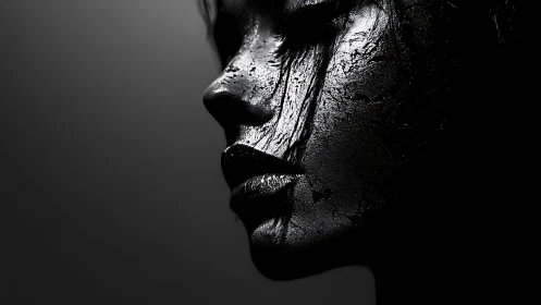 High-contrast profile portrait shows textured, oil-coated skin surfaces