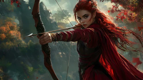 Fiery-haired elven archer draws her bow in autumn forest.