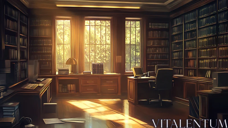 Sunlit mahogany study with towering bookcases and desks.