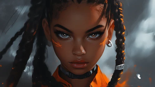Fierce cyberpunk girl portrait with glowing orange braids.