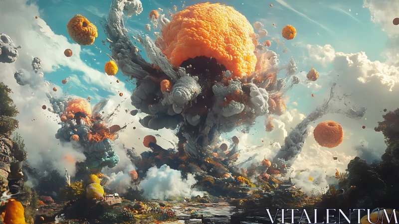 Volumetric fungal detonation across atmospheric landscape field.