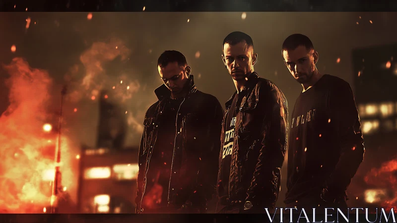 Three men in dark clothing in smoky urban night scene.