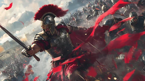 Dynamic digital painting of ancient battlefield charge scene.