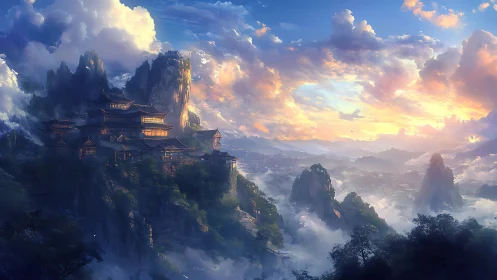 Mountain temple city glows above clouds at colorful sunrise