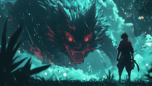 Silhouetted warrior faces large spectral wolf in teal storm