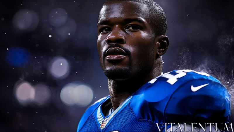 Focused football player in blue jersey under stadium lights.