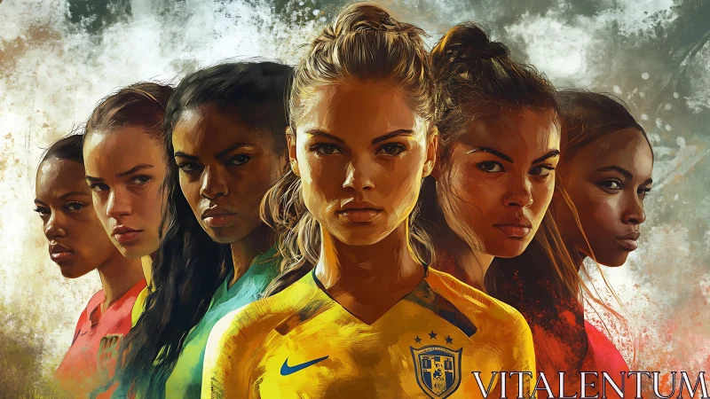 Defiant women’s football line-up in bold painterly light.