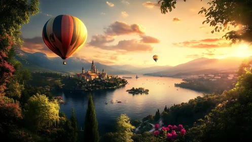 Hot air balloons float over sunlit lake and hillside town