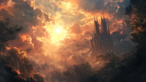 Golden clouds cradle a distant cathedral above misty forest