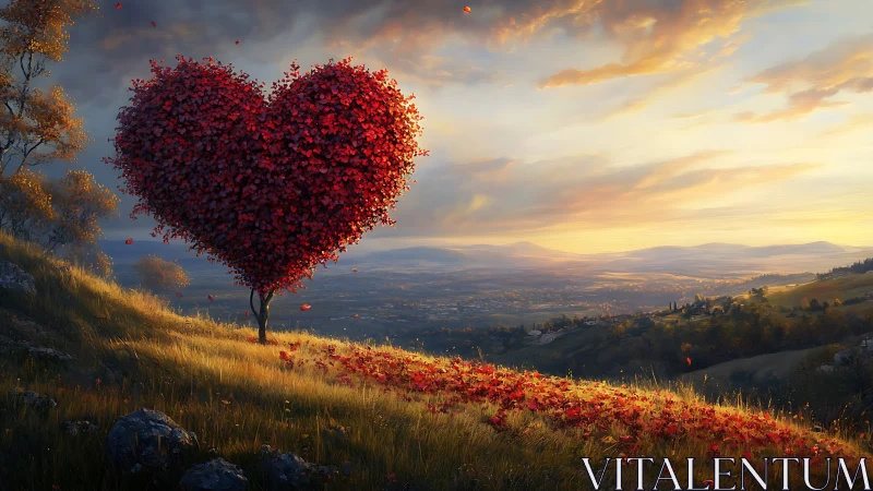 Heart-Shaped Tree Releases Red Leaves Across Autumn Valley