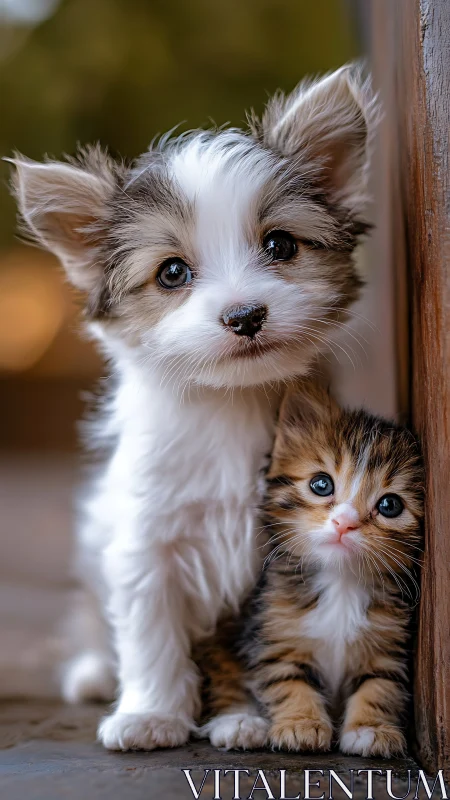 Puppy and Kitten Portrait: Tender Companionship Through Photorealistic Detail.