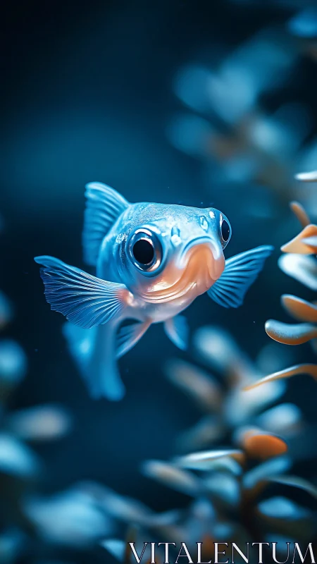 Big eyed blue goldfish swims through glowing water plants.
