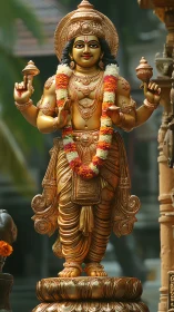Gilded Hindu deity statue with garlands under diffused outdoor light