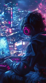 Cozy night gamer lost in neon city lights and glowing worlds.