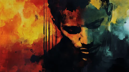 Abstract portrait of a man in divided warm and cool tones.