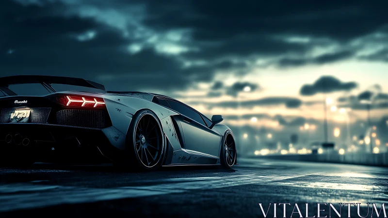 Low-angle view of sports car on wet urban roadway at dusk.