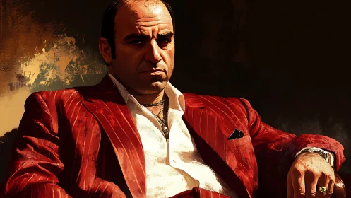 Imposing middle‑aged man in red pinstripe suit, chiaroscuro portrait