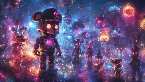 Glowing robot bears roam a neon haunted carnival at night.