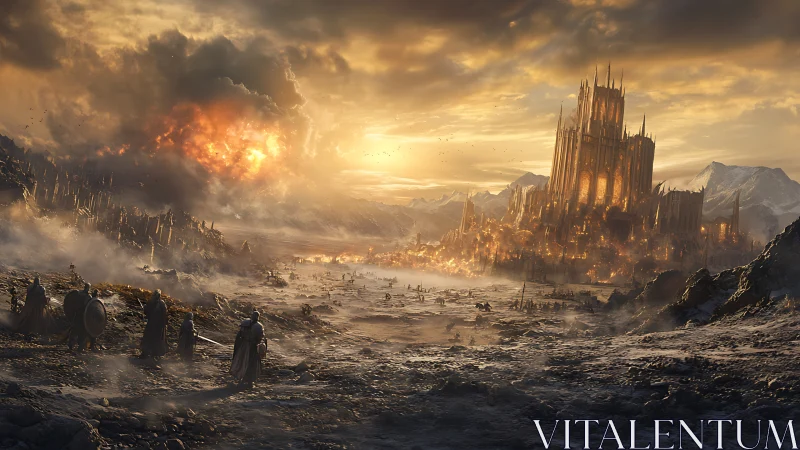 Burning citadel blazes at sunset as weary warriors approach