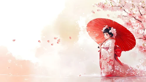 Japanese girl in kimono with red umbrella and blossoms.