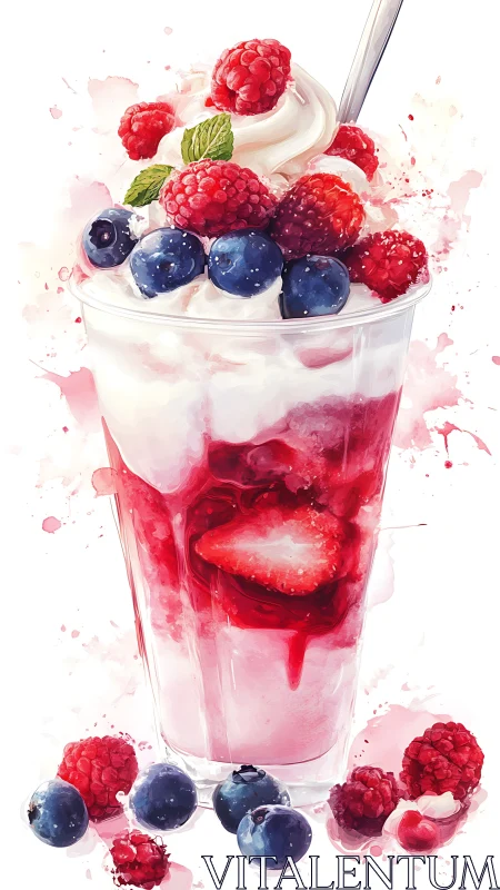 Digital illustration shows layered berry yogurt dessert glass