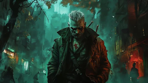 Grim warrior in neon fog stalking a ruined cyber alleyway.