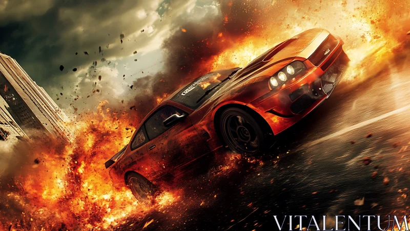 Explosive drift sequence with modified orange sports coupe under firestorm