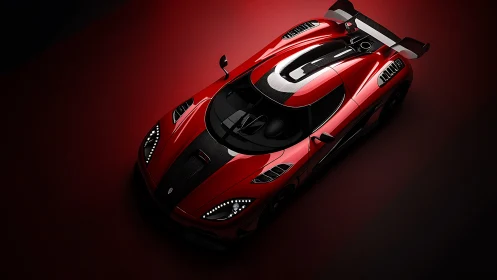 Top-down studio render shows red carbon-fiber sports car