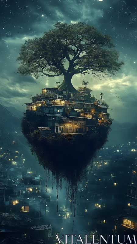 Floating shantytown island crowns ancient luminous tree.