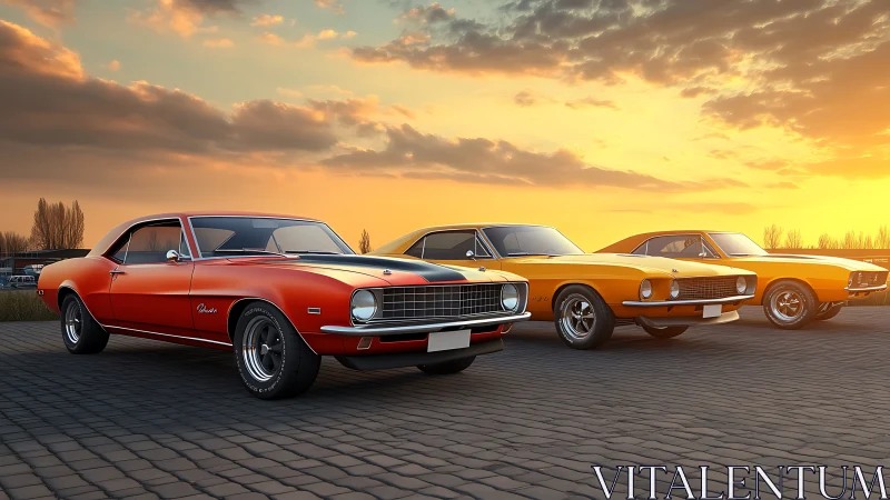 Vintage muscle cars lined up under cinematic sunset light.