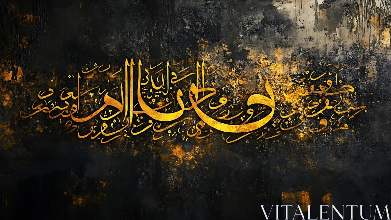 Gold Arabic calligraphy on dark textured abstract background.