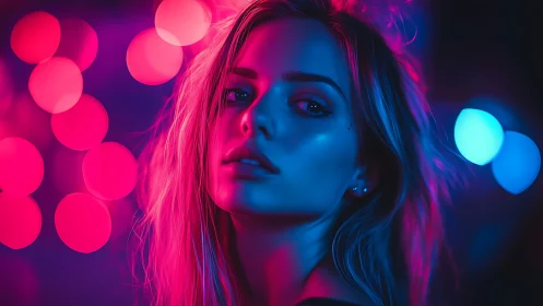 Neon lit portrait of young woman in pink and blue bokeh