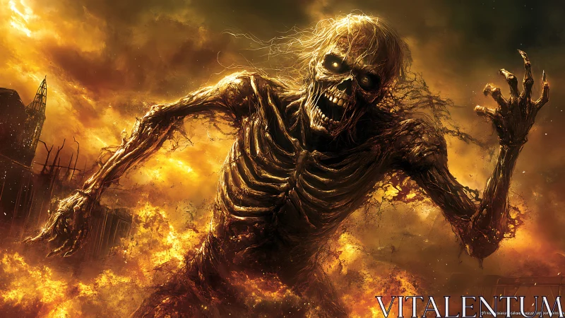 Fiery skeletal giant strides through a storm of roaring flames.
